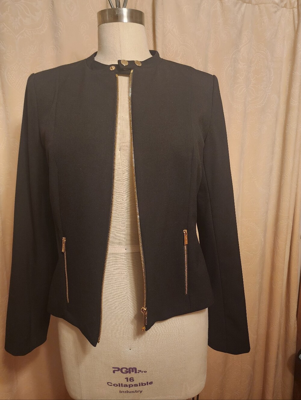 Calvin Klein Black Collarless Jacket with Gold Zipper Details